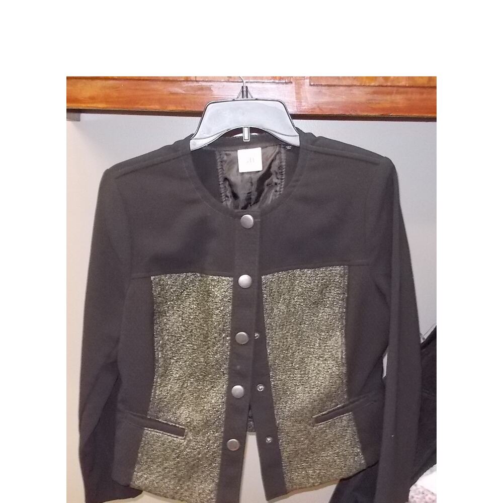 Cabi Standout Jacket 3036 Black Metallic Tweed Snap Front Blazer Womens Medium